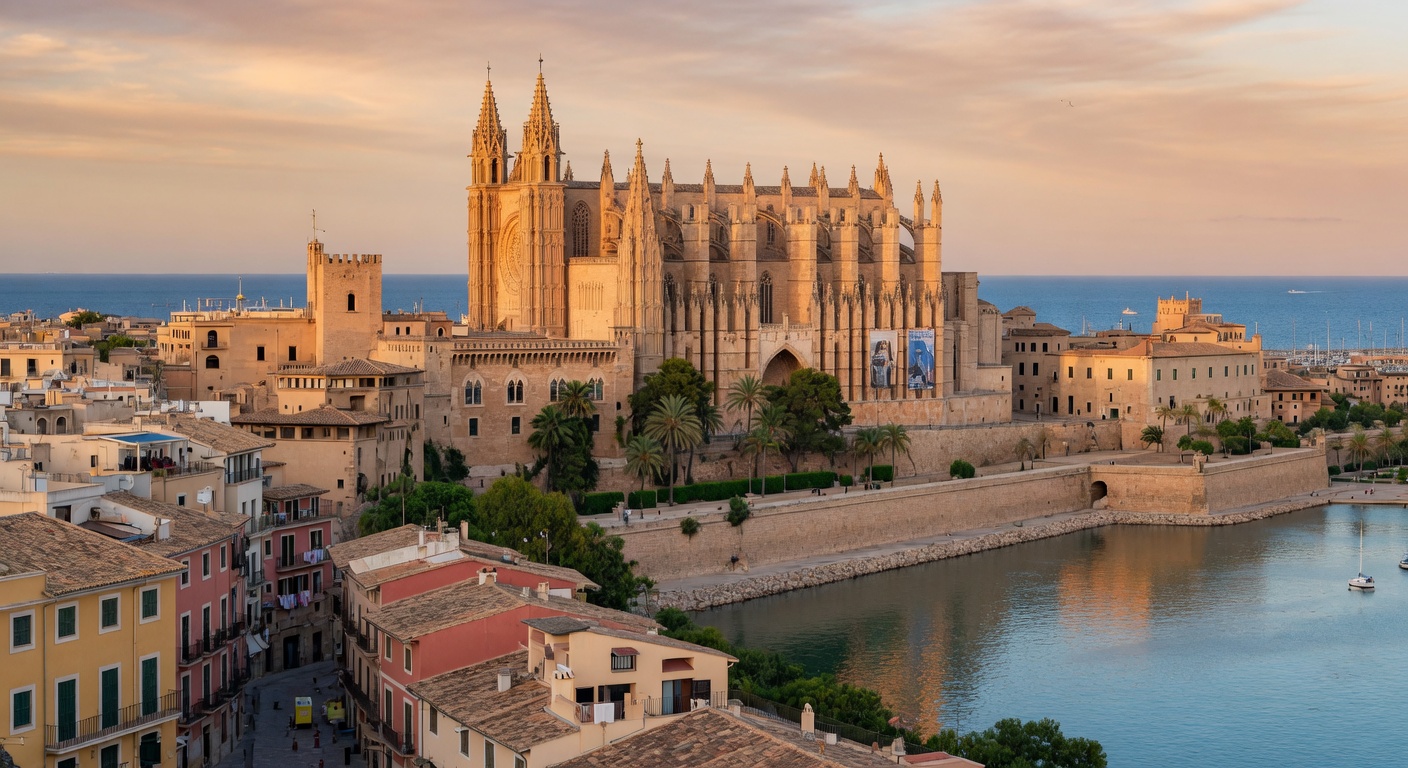 Kathedrale La Seu und Altstadt mit Meerblick in Palma de Mallorca, Spanien